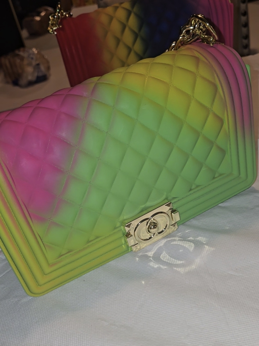 Gradient Quilted Shoulder Bag in Pink & Green with Gold Hardware